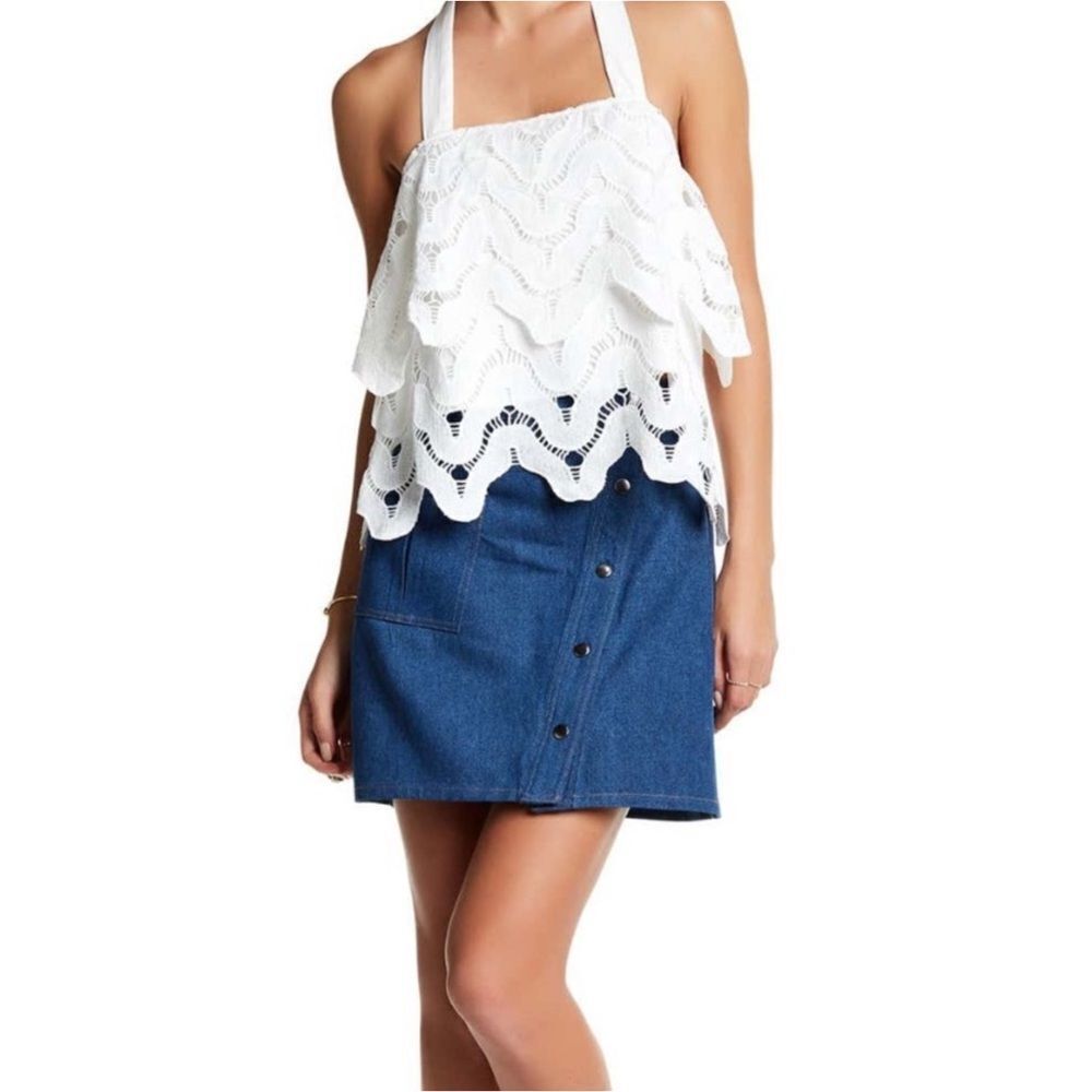 JOA Los Angeles Blue Denim Snap Front A-Line Mini Skirt Sz L NWT